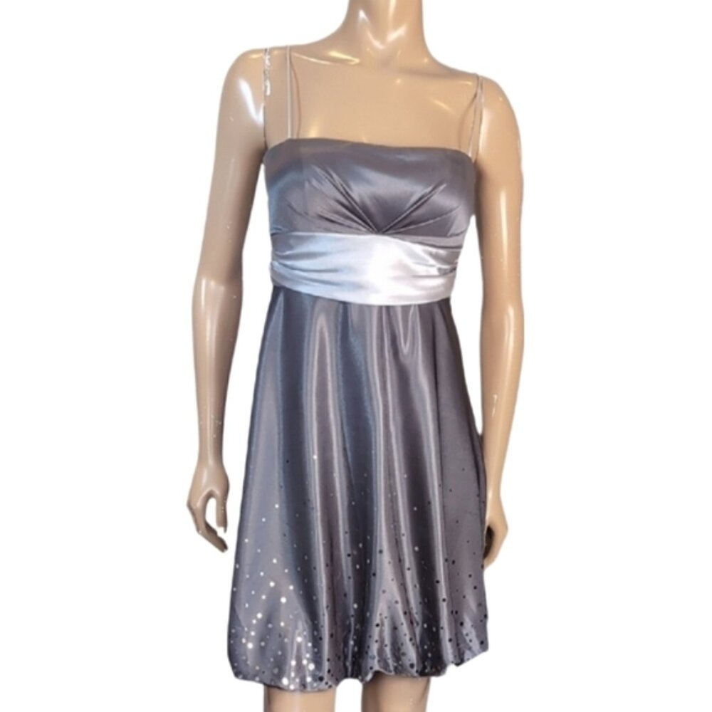 Laura Satin Mini Dress Womens Size 6 Gray Metallic Silver Spaghetti Strap Sash